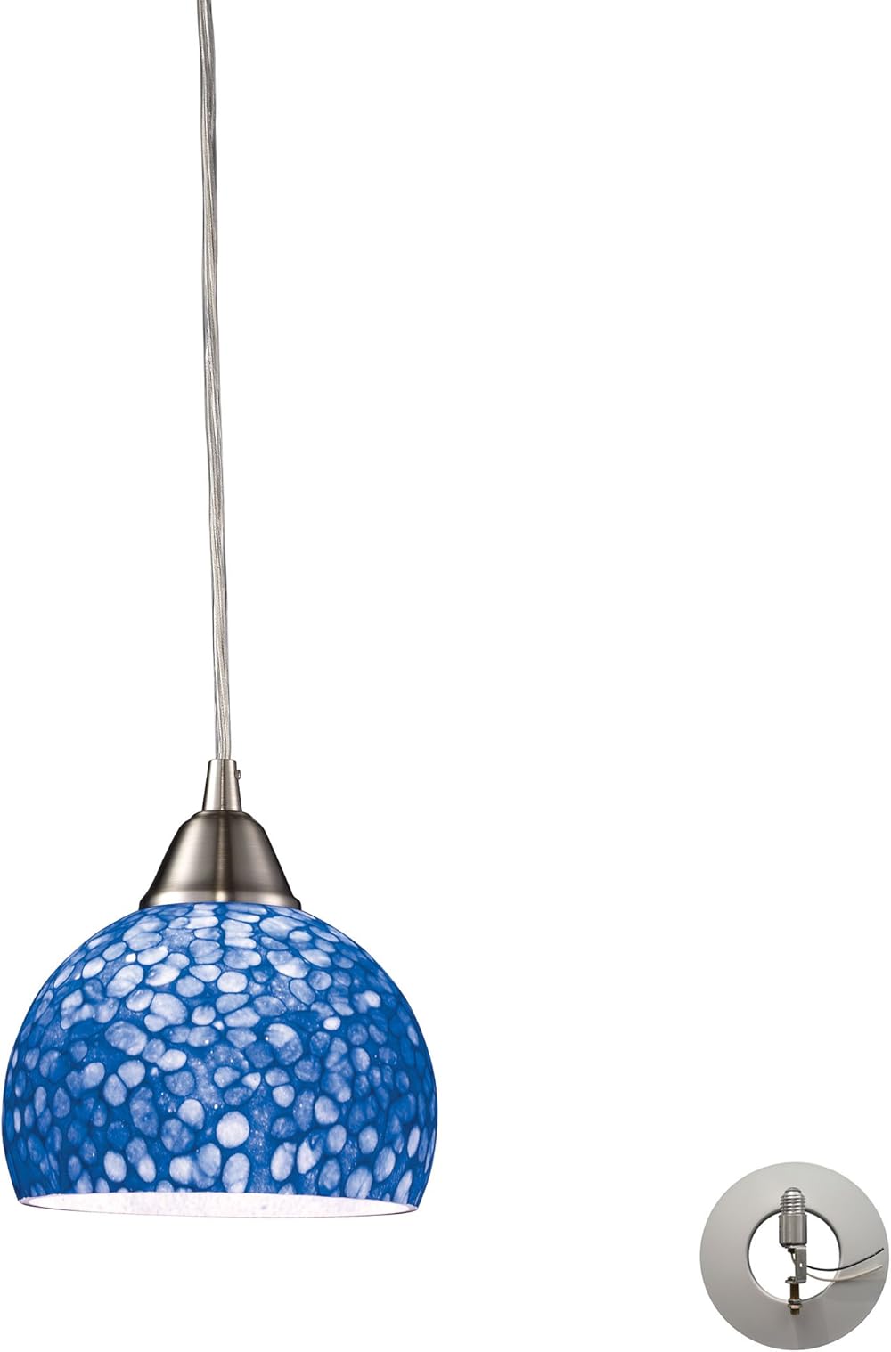 Cira Mini Pendant - 1-Light in Satin Nickel Finish, with Blue Pebbled Glass, Transitional Style