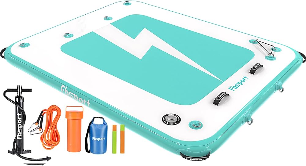 FBSPORT Inflatable Floating Dock, 6ft/8ft Inflatable Swim Platform Dock for Lake, Inflatable Water Floating Dock Mat with Non-slip Surface, Floating Platform for Pool 6x8x0.5 ft, Lightning/Green