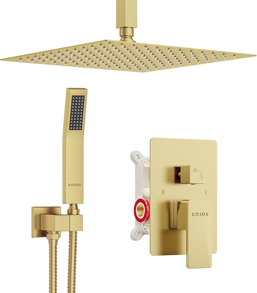 Ceiling Shower System with 12 Inch Rain Shower head and Handheld Head, Bathroom Shower Faucet Set Trim Kit with Valve Combo