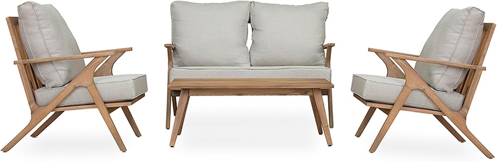 4 Piece Patio Furniture Set, Outdoor Patio Conversation Sofa Set with Cushions, Modern Outdoor Seating Sofa Loveseat Chair and Coffee Table for Porch Deck Garden Balcony, Grey/Brown