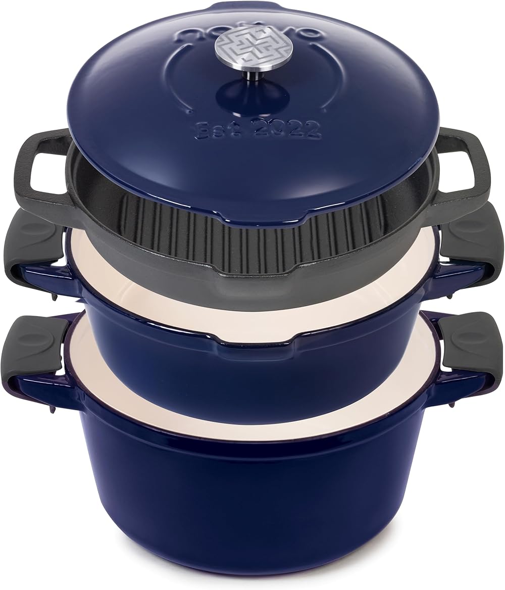 NATIVO 5 pc Stackable Cast Iron Cookware Set, Versatile Enamel Dutch Oven, Seasoned Grill Pan & Enamel Braiser with Precision Pour Spouts, Universal Lid, Included Spacers/Handle Holders, Midnight Blue