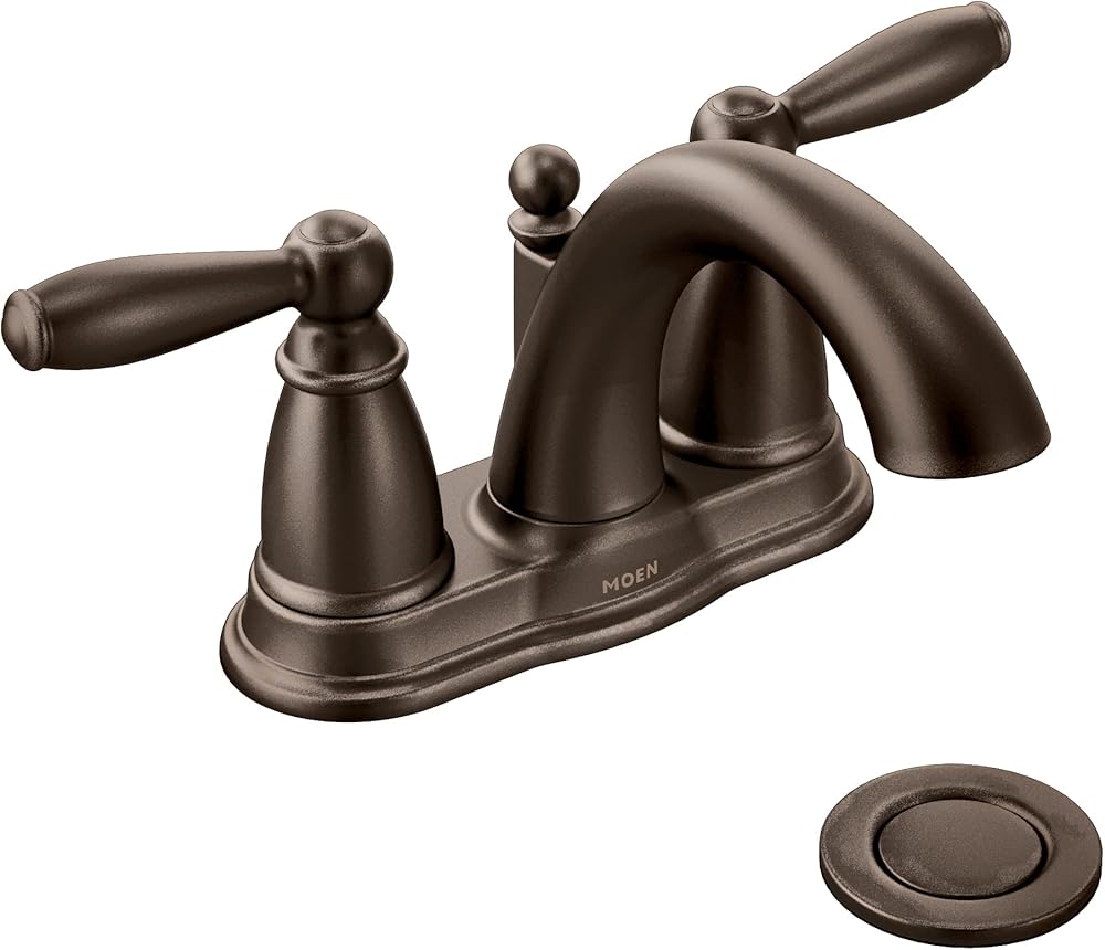 Moen Brantford Oil Rubbed Bronze Two-Handle Low Arc Centerset Bathroom Faucet with Drain Assembly, Bathroom Faucets for Sink 3-hole, 4-inch Wide Standard Setup, 6610ORB