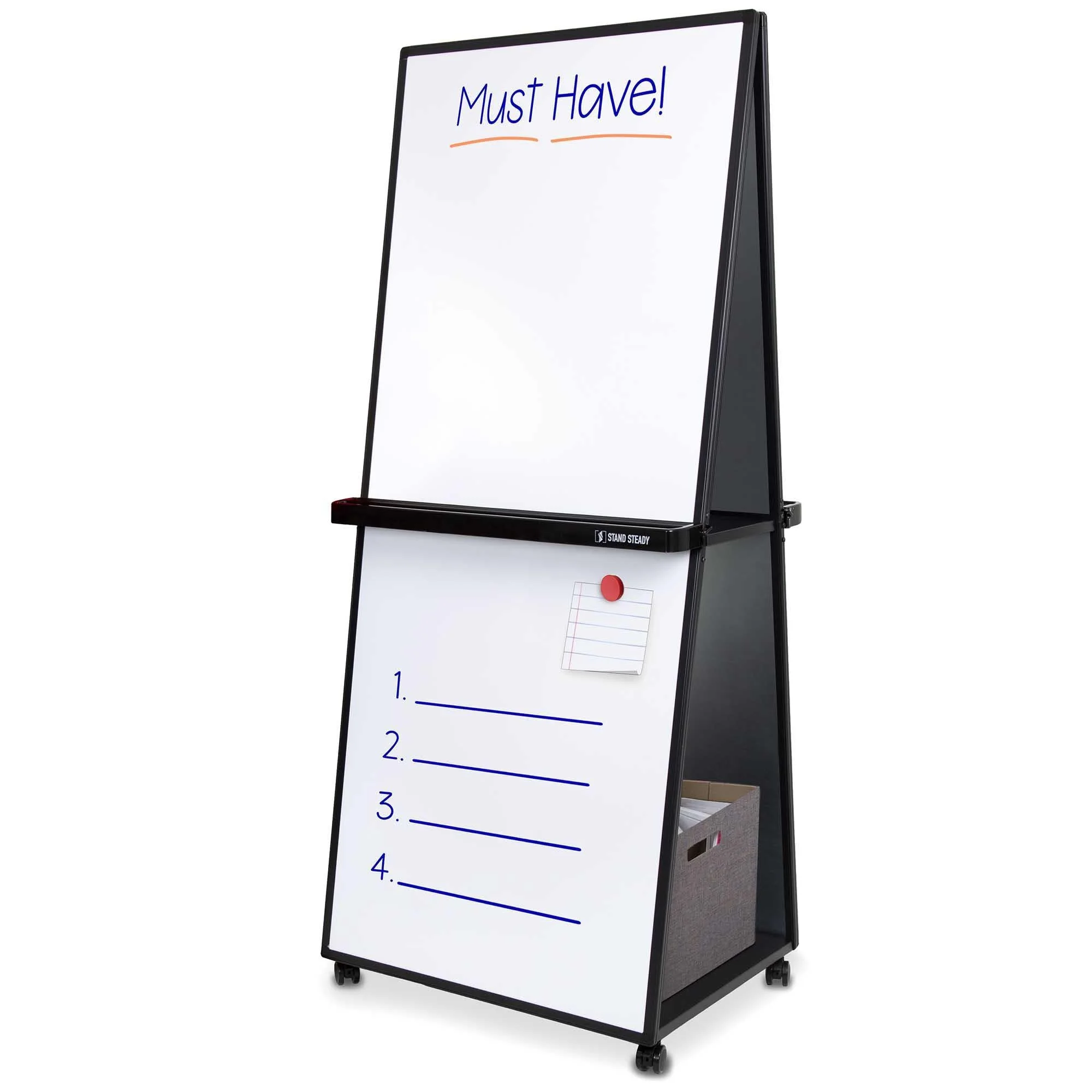 Stand SteadyMobile Whiteboard | Double-Sided Magnetic Dry Erase Board on Wheels| Extra Tall 74 Inch Easel White Board | Portable White Board with Built-In Storage Shelves (74in x 31in)