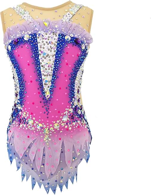 Girl's Blue Pink Sleeveless Rhythmic Gymnastics Uniform Professional Competition Artistic Gymnastics Outfit