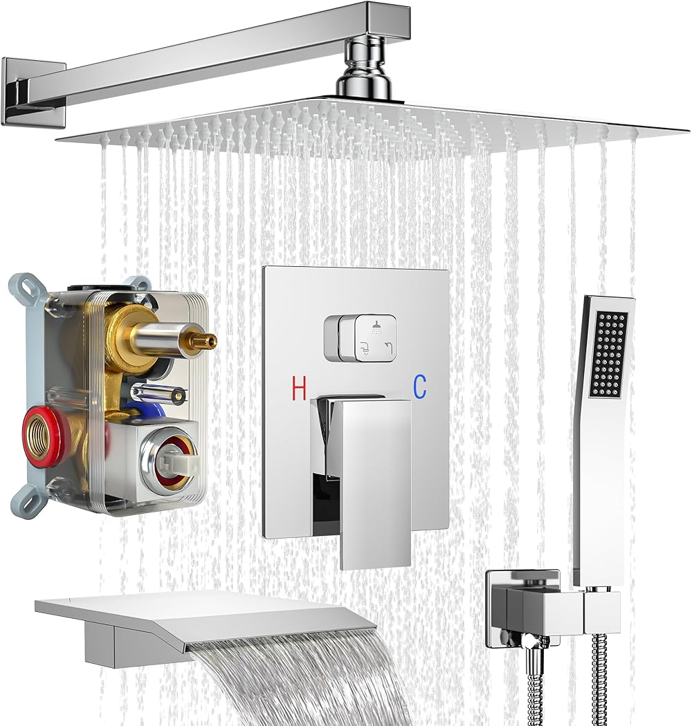 Shower System with Tub Spout, Wall Mounted Shower Faucet Set for Bathroom with High Pressure 12
