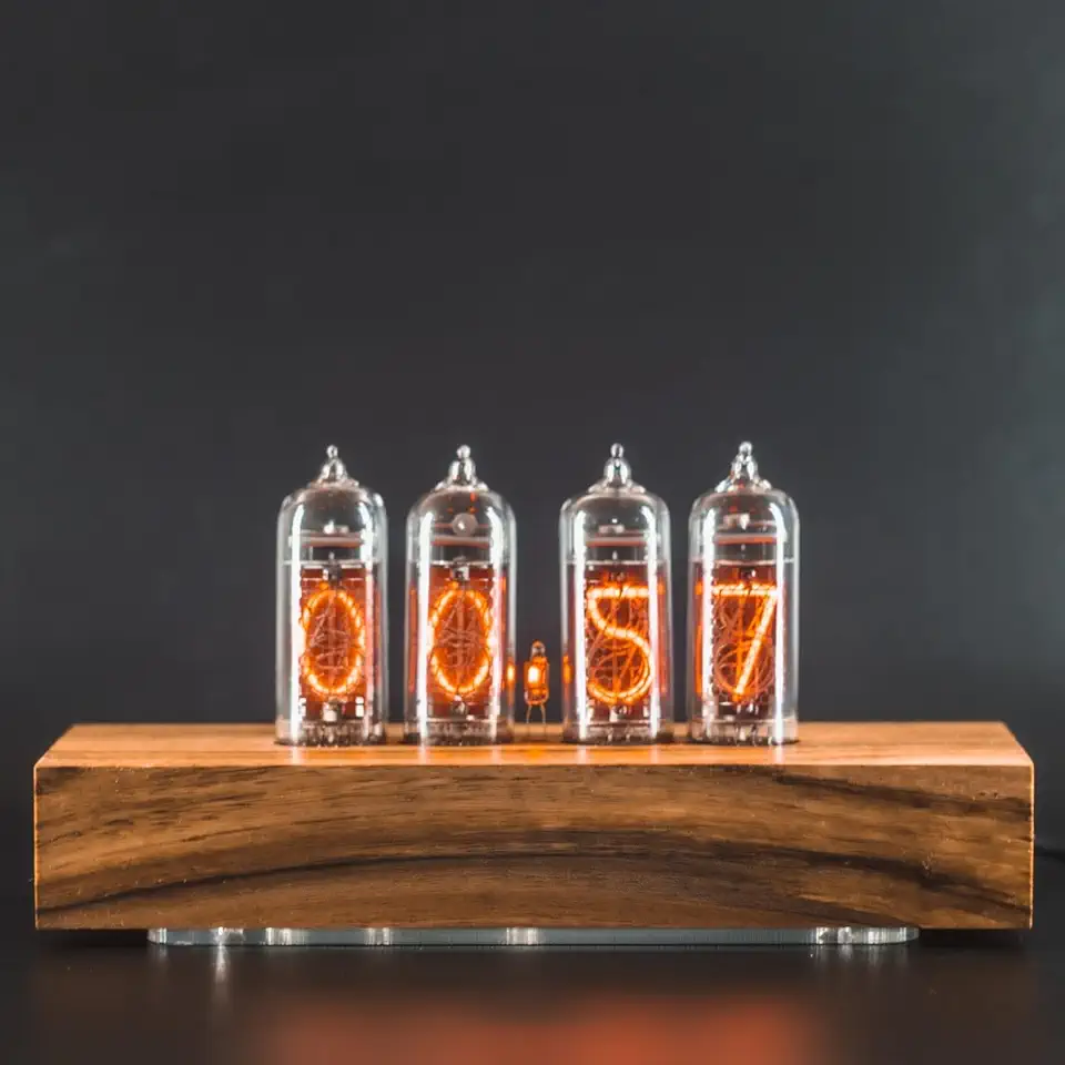 Authentic Nixie Tube Clock with Replaceable IN-14 Nixie Tubes, Motion Temperature Humidity Sensors, Dual RGB Backlight, Alarm Clock, One Spare Nixie Tube Included, Visual Effects (Walnut Straight)