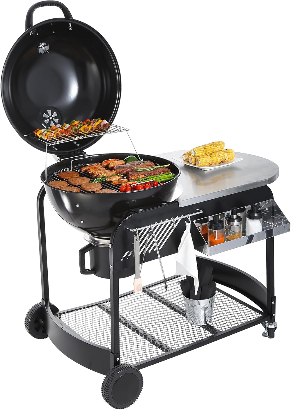 VEVOR 22 Inch Portable Charcoal Grill with Cart, BBQ Charcoal Grill with Porcelain-Enameled Lid & Slide Out Ash Catcher Thermometer for Barbecue Camping Outdoor, Picnic, Backyard Black