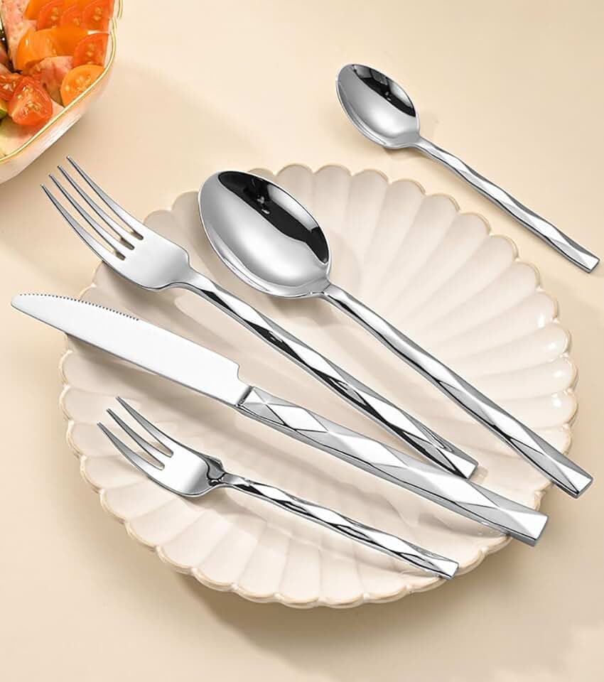 Silverware Set with Diamond Cut Pattern Luxury 40 Piece Forks and Spoons Flatware Set for 8, 18/10 Stainless Steel Cutlery Set Dinnerware Eating Utensils for Kitchen Home Wedding Party,Mirror