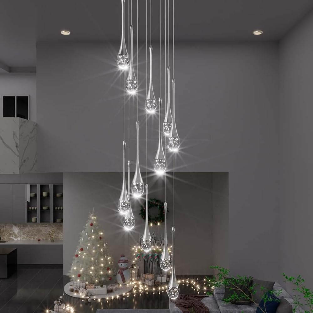 H120'' Long Crystal Raindrop Chandelier 12 Lights Foyer Pendant Lighting Entrwey High Ceiling Chandeliers LED Dimmable Lighting…