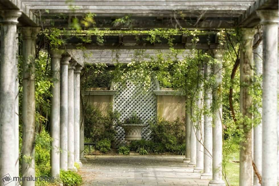 12-Feet wide by 8-Feet high. Prepasted wallpaper mural from a photo of a Pergola: Garden patio arbor with foliage and flowers. Easy to hang remove and reuse (hang again) if U do as is our video.