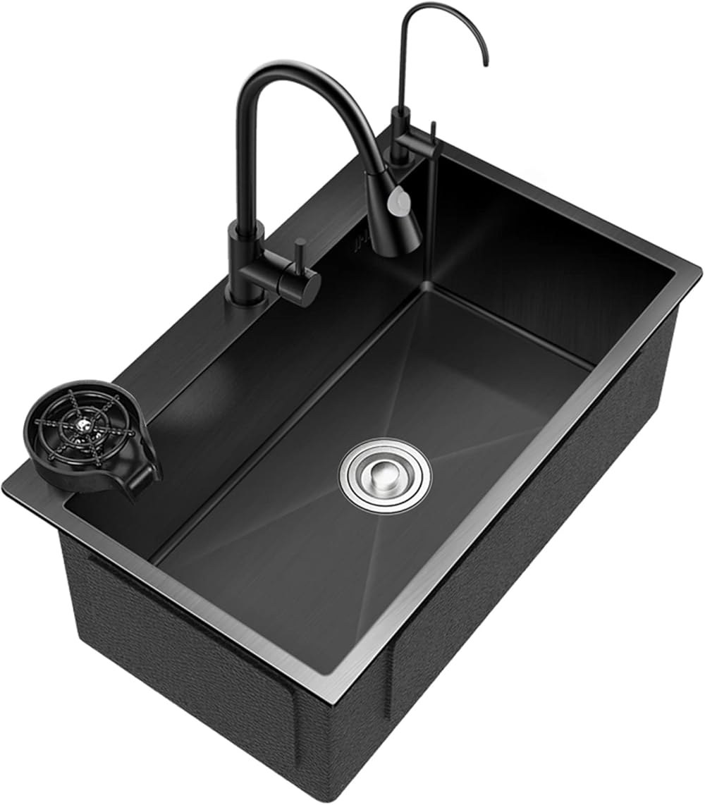 Black Nano Single Bowl Kitchen Sink 304 Stainless Steel Bar Sink Multifunctional RV Sink with Pull-Out Faucet and Cup Washer Top Mount Or Undermount (Color : Black, Size : 65x45x21cm)