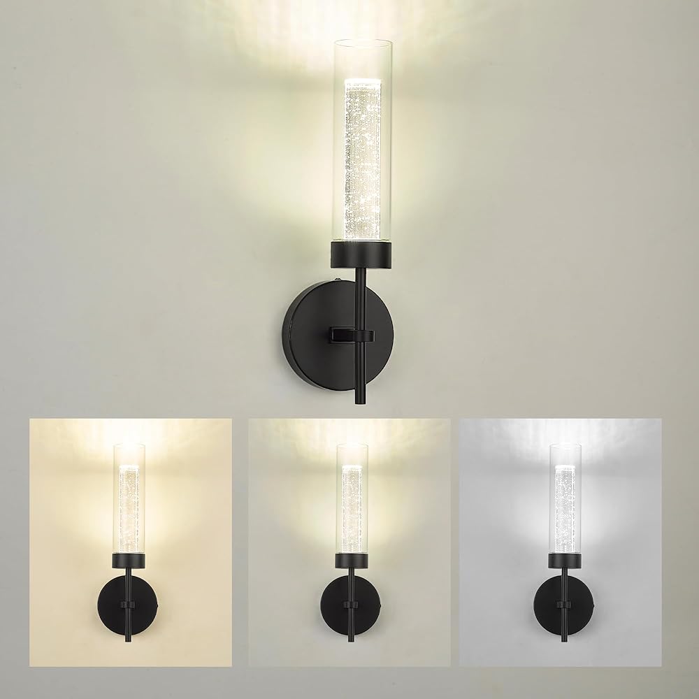 kudos Black Wall Sconces Set of 2,Modern Led Wall Sconces,Bathroom Vanity Light Fixtures with Crystal Bubble and Clear Glass, 3000K/4500K/6000K Adjustable,KDWS05-BK-2PK