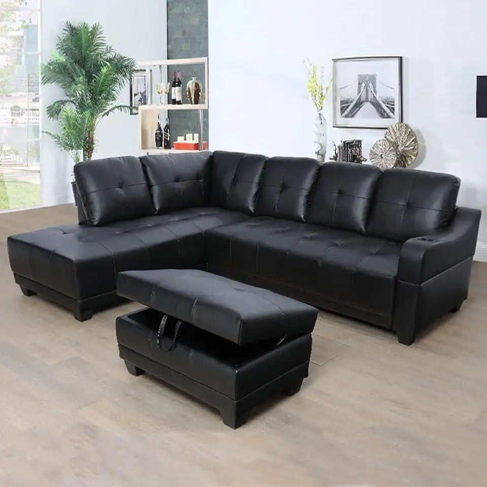 Living Room Furniture Cup Holder,L-Shape Couch with Chaise Lounge & Storage Ottoman,PU Synthetic Leather Sectional Sofa Set for Apartments-Black (Left Hand Facing)