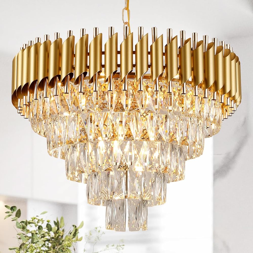 5-Tiers Modern Gold Crystal Chandelier 11 Lights 24'' Contemporary Crystal Pendant Chandeliers Light Fixture for Living Room Dining Room Bedroom Entryway Foyer High Ceiling