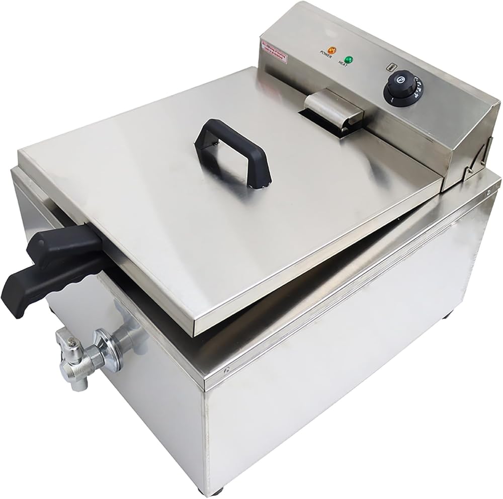 110V 2000W 22L Electric Industrial Funnel Cake Deep Fryer Temperature Control French Donuts Stainless Steel Commercial Single-cylinder Fryer with 2 Removable Rings