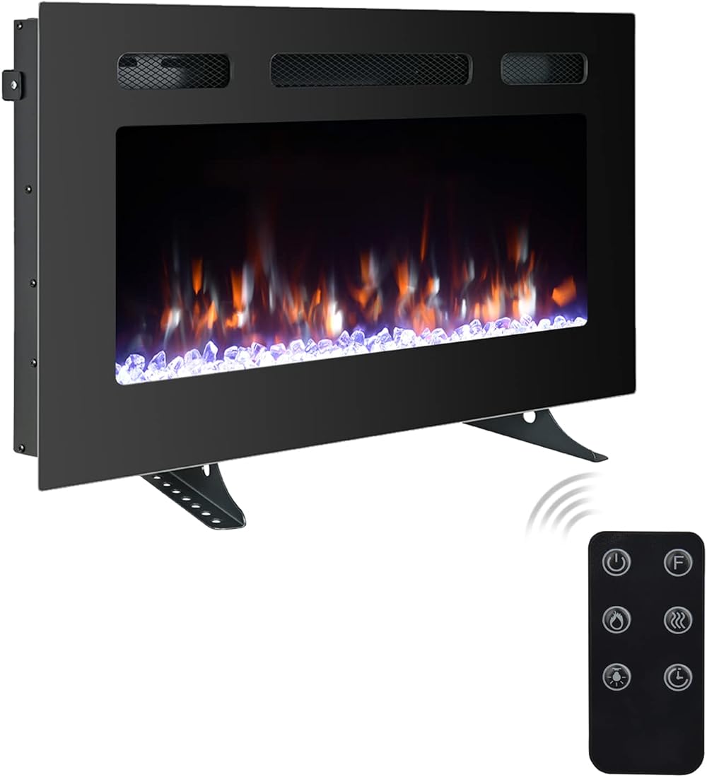 30 Inch Freestanding Electric Fireplace Inserts, Quiet Wall Mounted Fireplace, Led Fireplace for Living Room, Recessed Electric Fireplace, Linear Fireplace, Logs & Crystal, 750/1500W