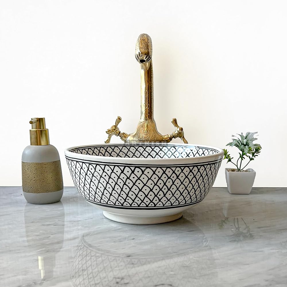 Custom Moroccan Ceramic Bathroom Vessel Sink Bowl Hand Painted Art - Above Counter Vanity Wash Basin - Handmade countertop Basin Sink With Free Brass Drain. (14 inches, Bleu)