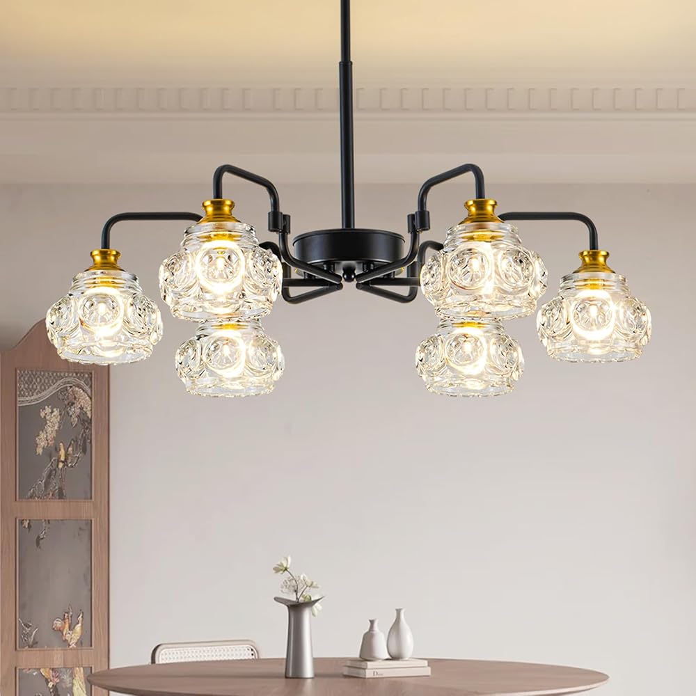 6-Light Vintage Black Crystal Dining Room Chandelier, Glass Pendant Light Fixtures, Antique Chandelier, Modern Farmhouse Hanging Lamps for Kitchen Island, Living Room, Bathroom, Foyer, Office