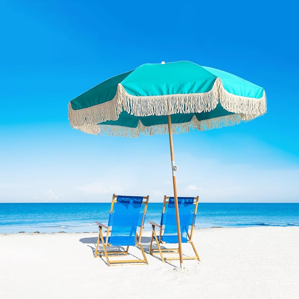 6ft Blue Patio Umbrella With Fringe Boho Beach Umbrella UV Protection Boho Umbrella Outdoor Patio Tilt Fringe Outdoor Umbrella Waterproof Windproof For Backyard Poolside Lawn And Garden/Carry Bag 8 Ri