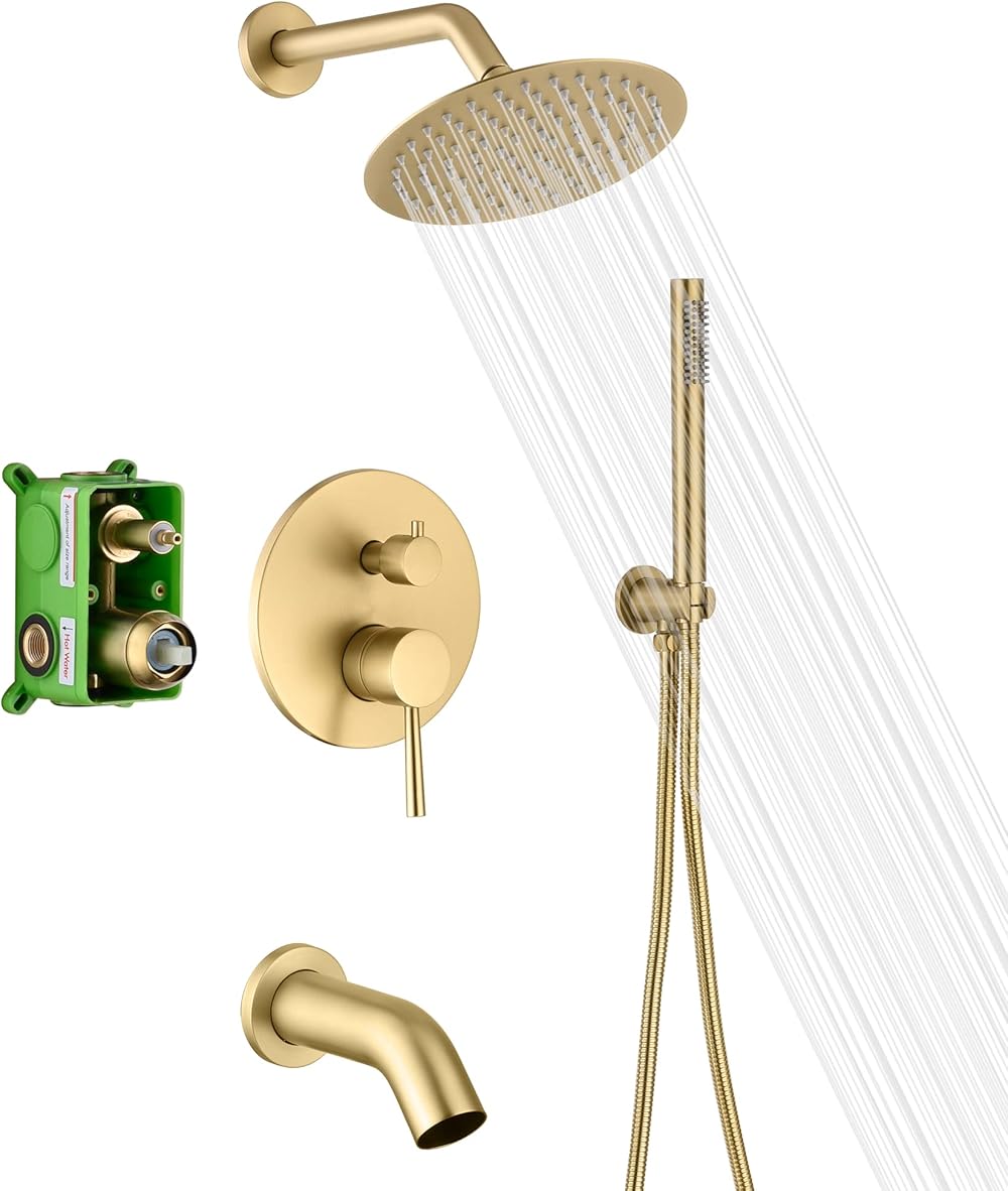 SUMERAIN Shower System with Tub Spout and Handheld Shower, Brass Rain Shower Tub Set with 8 Inches Shower Head and Rough in Valve Brushed Gold