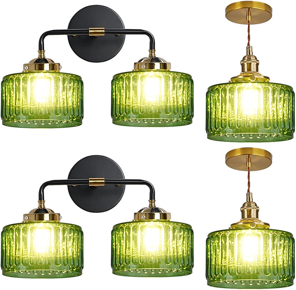 Glass Pendant Light Vintage Pendant Light Fixture with Green Striped Glass lamp Shade, Black Bathroom Wall Light Fixtures Green Glass Shade