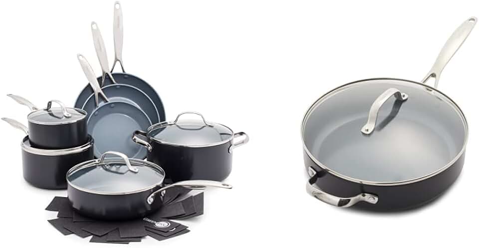 GreenPan Valencia Pro Hard Anodized Healthy Ceramic Nonstick 11 Piece Cookware Pots and Pans Set & GreenPan Valencia Pro Hard Anodized Healthy Ceramic Nonstick 4.5QT Saute Pan Jumbo Cooker,Gray