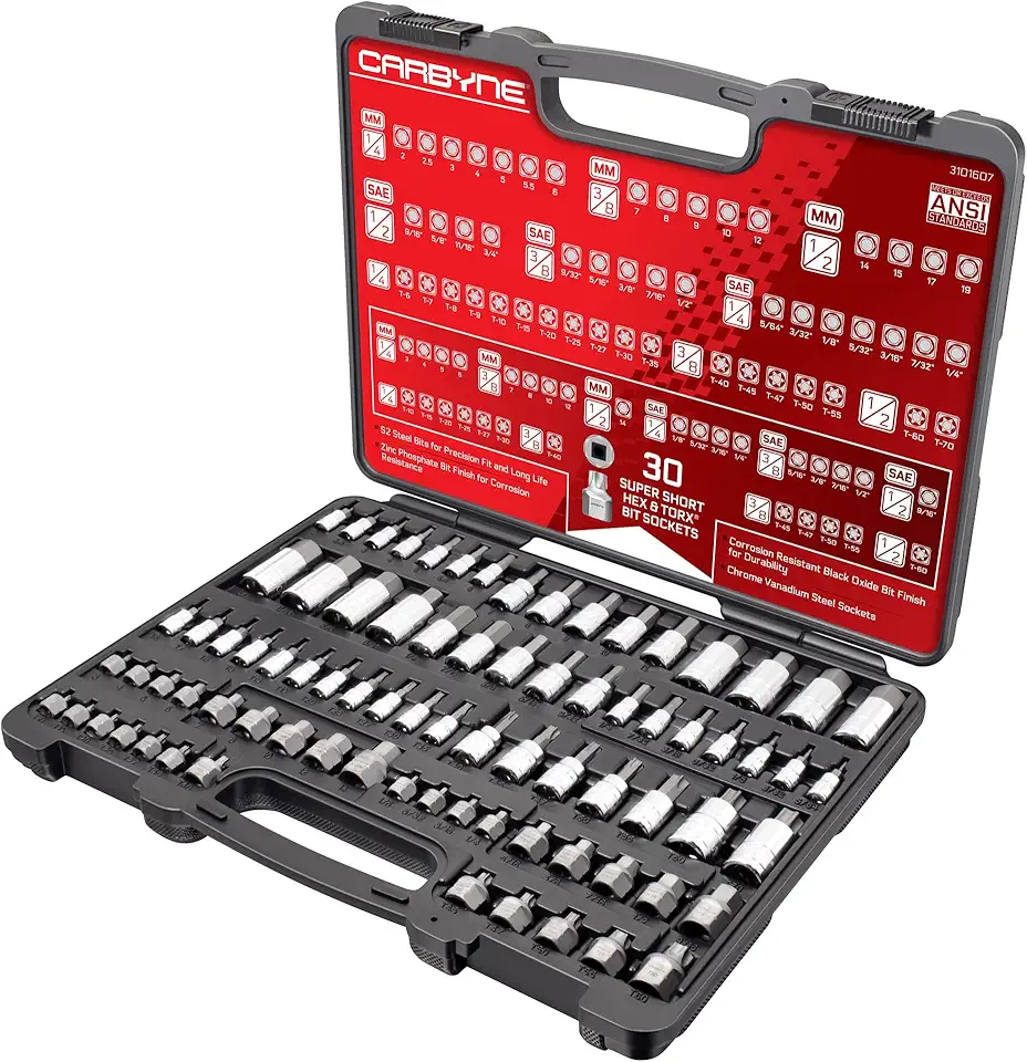 Carbyne 80-Piece Torx, SAE Hex (Allen) & Metric Hex (Allen) Bit Socket Set with 30 Super Short Bit Sockets, Cr-V Steel Sockets, S2 Steel Bits, Durable Storage Case