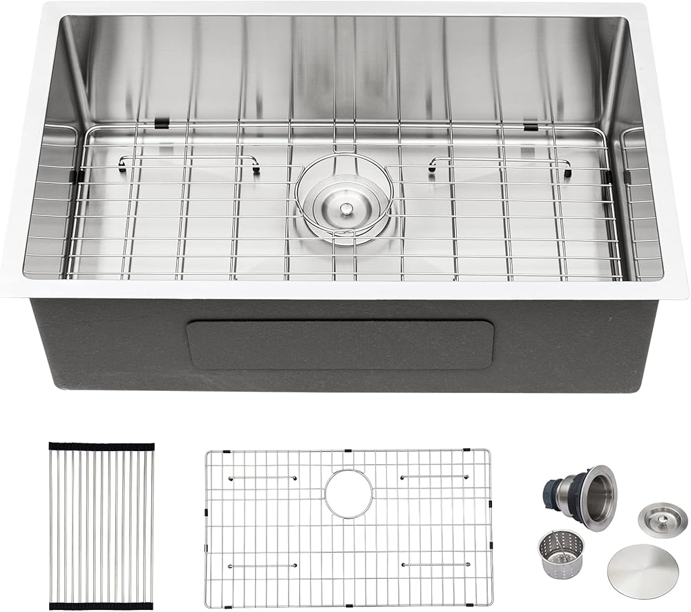 Dcolora 30 Inch Undermount Kitchen Sink 16 Gauge Stainless Steel Deep Single Bowl Under Counter, 30