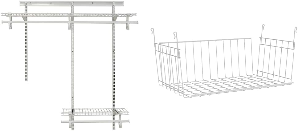 ClosetMaid 2087 ShelfTrack 2ft. to 4ft. Adjustable Closet Organizer Kit, White & Wire Hanging Shelf Basket for Storage, Organization in Closet or Pantry, No Assembly or Installation, Durable, White