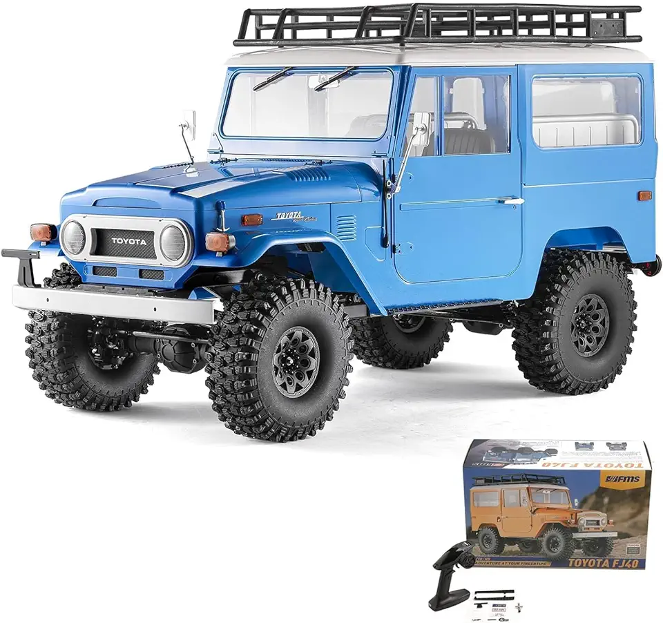 FMS 1/10 RC Crawler FJ40 Toyota Land Cruiser, 2.4G Model Car Hobby 4x4 Offroad RC Rock Crawler with Transmitter, Remote Control Lighting, 550 Motor for Adults Without Battery (Blue)