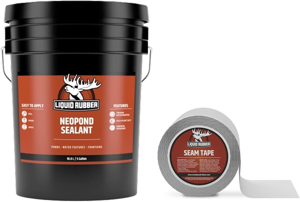 Liquid Rubber Pond and Water Features Sealer Repair Kit - Fish and Plant Safe Waterproofing Membrane, Bundle Includes NeoPond Sealant, Black 5 Gallon and Peel and Stick Seam Tape 2 Inch x 50 Foot Roll