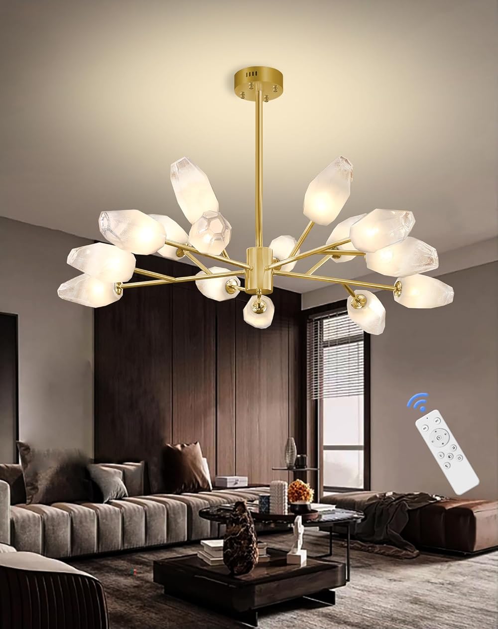15-Light Gold Sputnik Chandeliers Glass Pendant Light Mid Century Glass Globe Chandelier for Dining Room Dimmable 2700-6000k