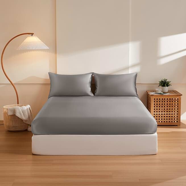 THXSILK Silk Queen Fitted Sheet 3Pcs Set, 6A+ Top Grade 100% Pure Mulberry Silk Bed Sheets Set Luxury Bedding Sheet for Hair and Skin, 1 Fitted Sheet with 2 Pillowcases, Grey