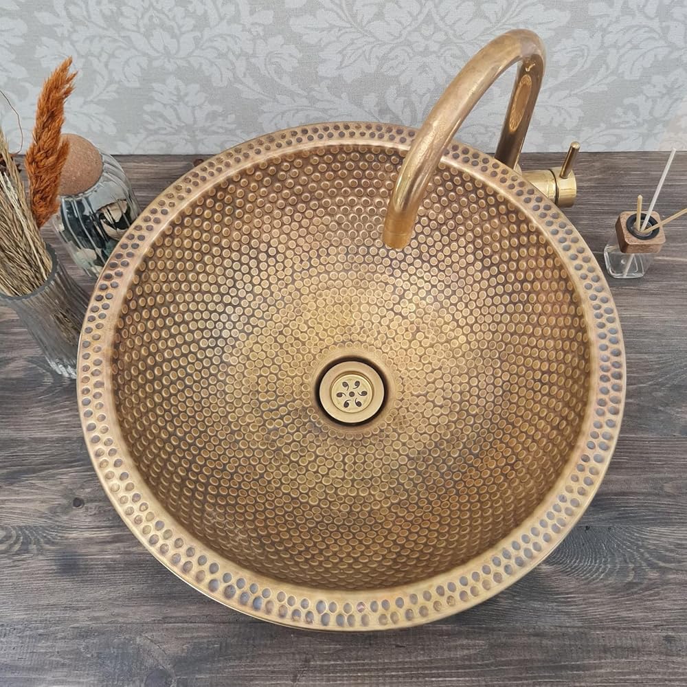 Custom Made 16 Guage Brushed Brass Bathroom Sink, Round Coutertop Brushed Brass Bathroom Basin, Handmade Hammered Copper Above Countertop Vessel Bowl sink with 2 gifts (16