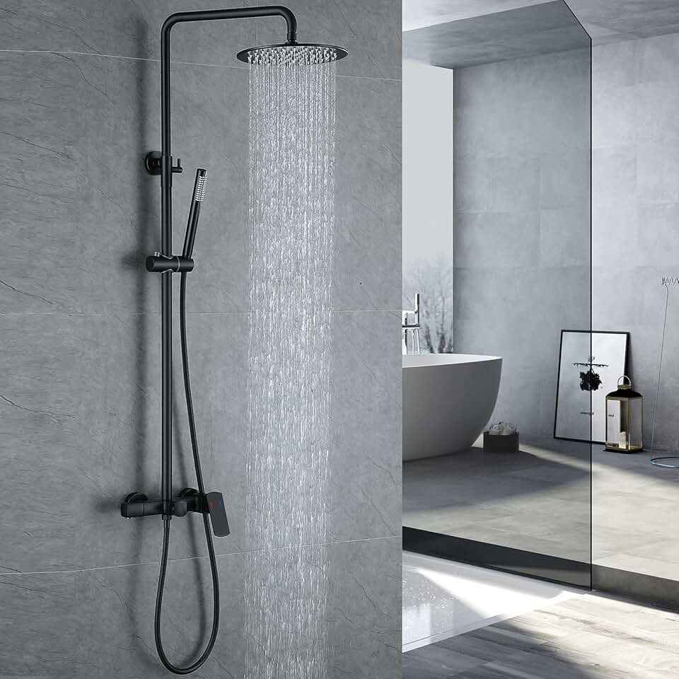 RBROHANT Exposed Shower System with Tub Spout, Matte Black Exposed Pipe Shower Faucet with 3 Functions Brass Shower Valve, Shower Height Adjustable, Wall Mounted