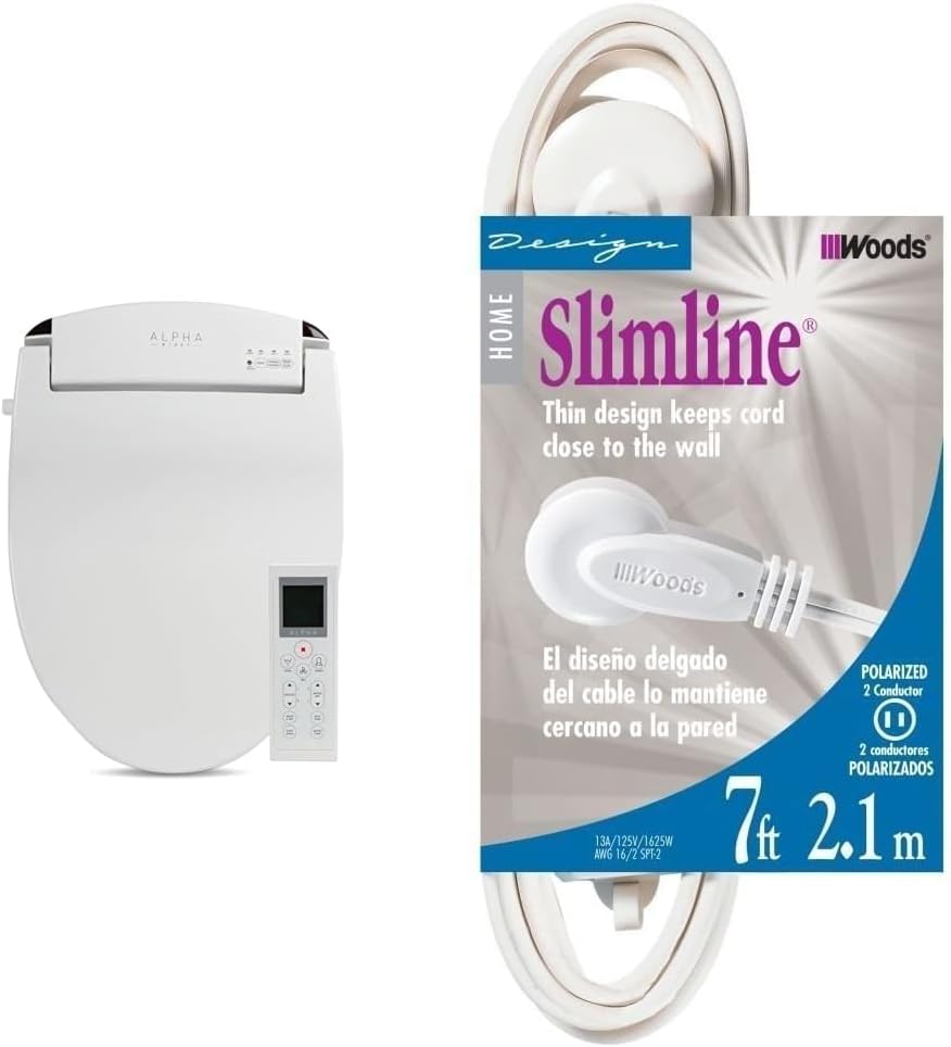 ALPHA BIDET JX2 Elongated Toilet Seat Bundle with SlimLine 2236 7-Foot Extension Cord, White