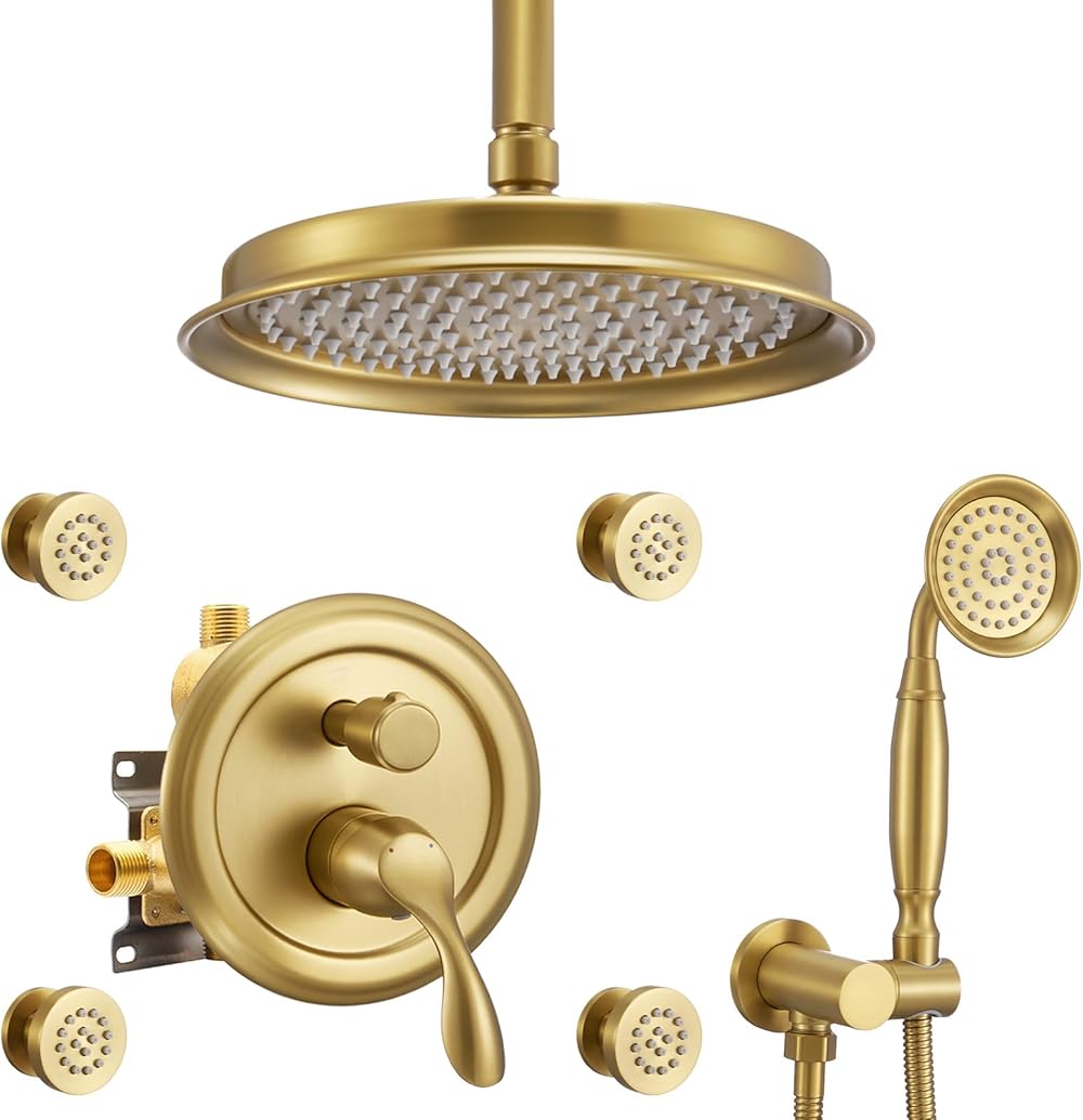 DASAN Antique Shower Faucet Sets Complete Rain Shower System in Wall with Body Shower Spray Jets, Brushed Gold Shower Fixtures with Rainfall Overhead Shower, Handheld, Shower Valve &Trim, AT249C-BTG
