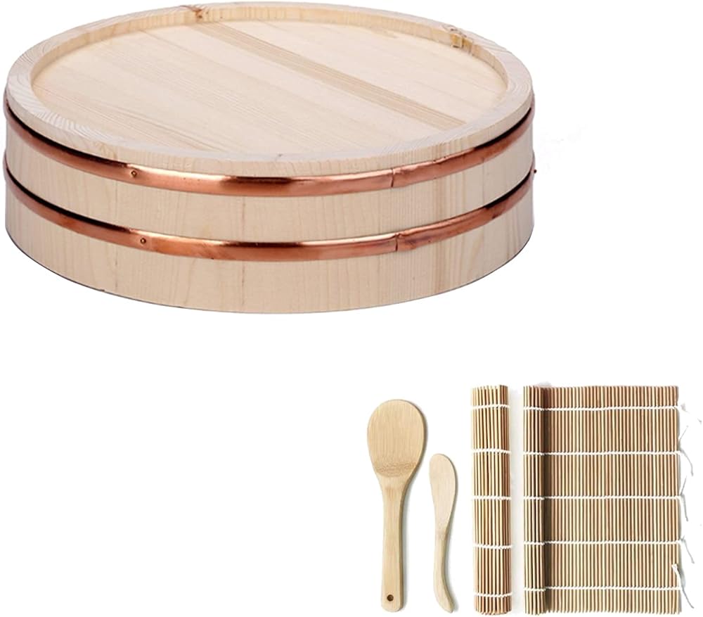 Wooden Sushi Rice Mixing Tub Sushi Rice Bowl with Copper Band, 2x Bamboo Rolling Mat, 2 Rice Spoon,48x12cm