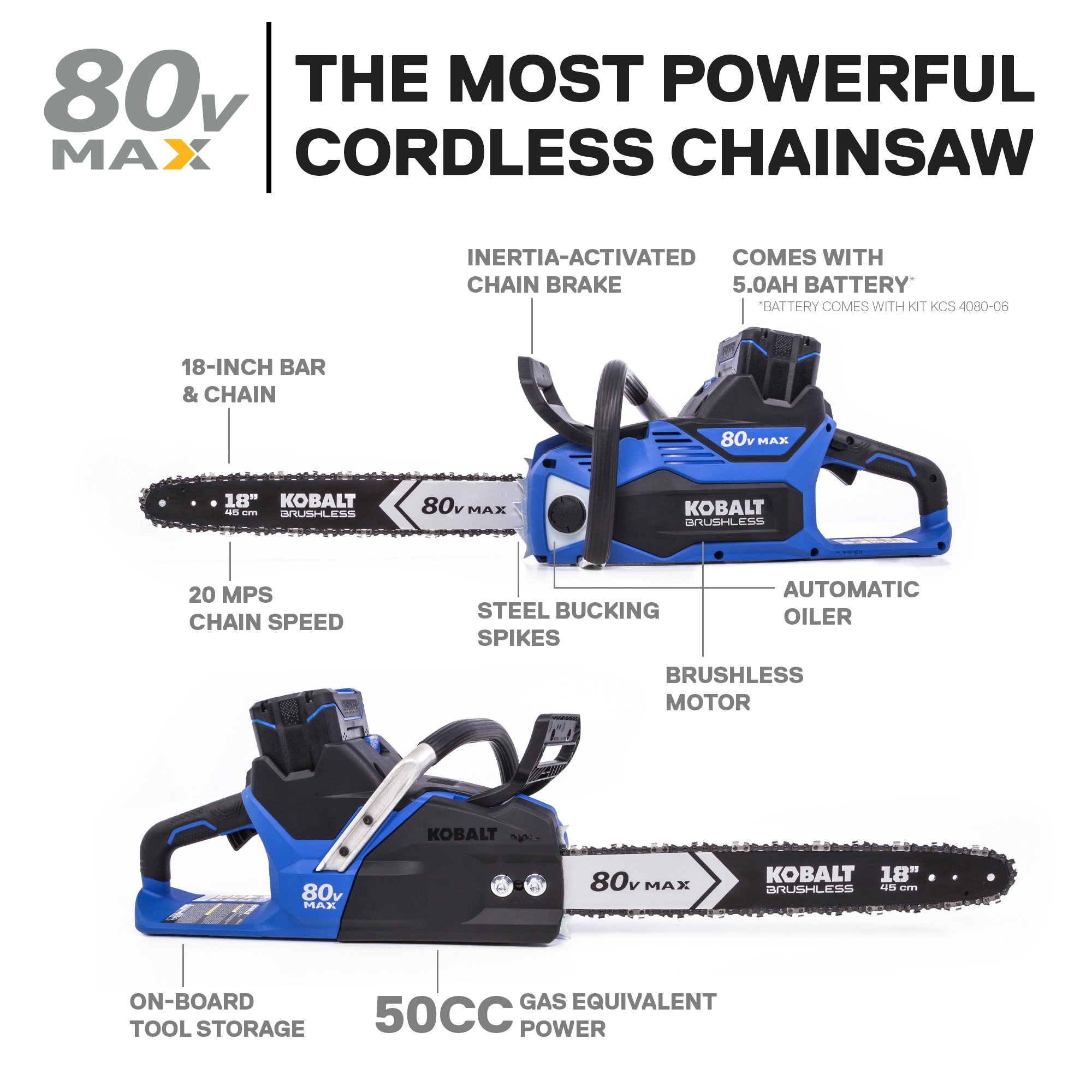 Kobalt 80-volt 18-in Brushless Battery 5 Ah Chainsaw (Battery and Charger Included)