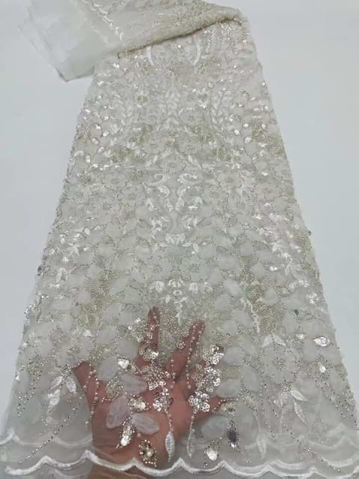 MARHAFABRIC 5 Yards Fashion Yellow Luxury Sequin Tulle Lace African Handmade Beads Tulle Net Fabric Nigeria for Wedding Prom Dress Lace Fabric for Bridal Wedding Prom Evening Dress