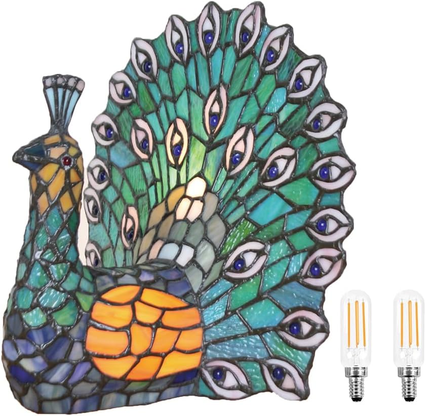 Tiffany Table Lamp Blue-Green Peacock, Bedside Tiffany Style Stained Glass Small Table Lamp for Bedroom, Dining Table Lamp, Kids Living Room Table Lamps，with 2 Bulb