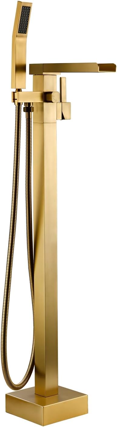 BAGNOLUX Freestanding Bathtub Faucet Tub Filler Floor Mount Bathroom Faucets Brass Single Handle with Hand Shower (Waterfall Style B, Brushed Brass)