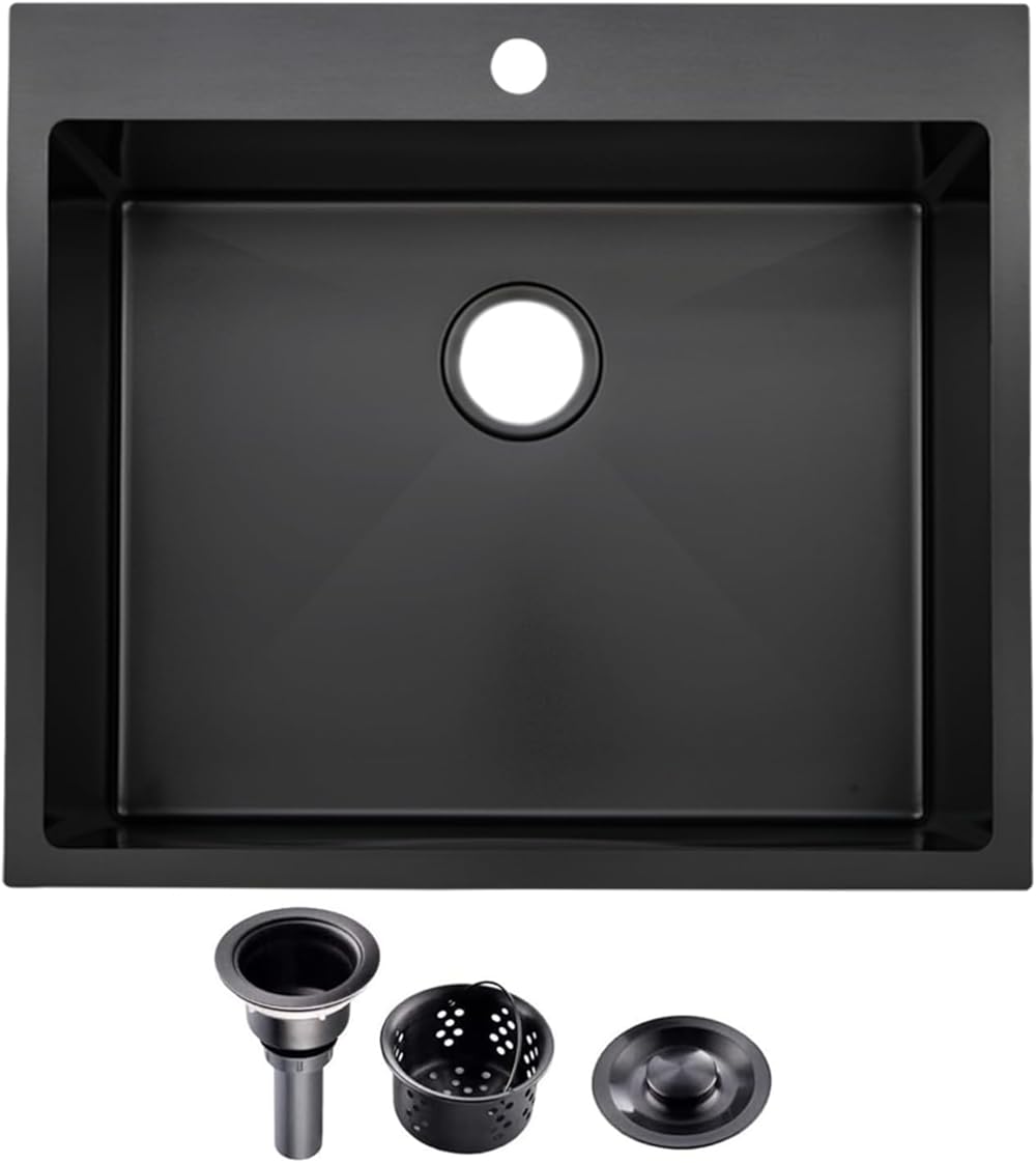 25x22 Inch Black Drop In Kitchen Sink, 25 Inch Gunmetal Black RV Laundry Utility Sink, Top Mount 16 Gauge Stainless Steel Single Bowl Deep Small Kitchen Sink