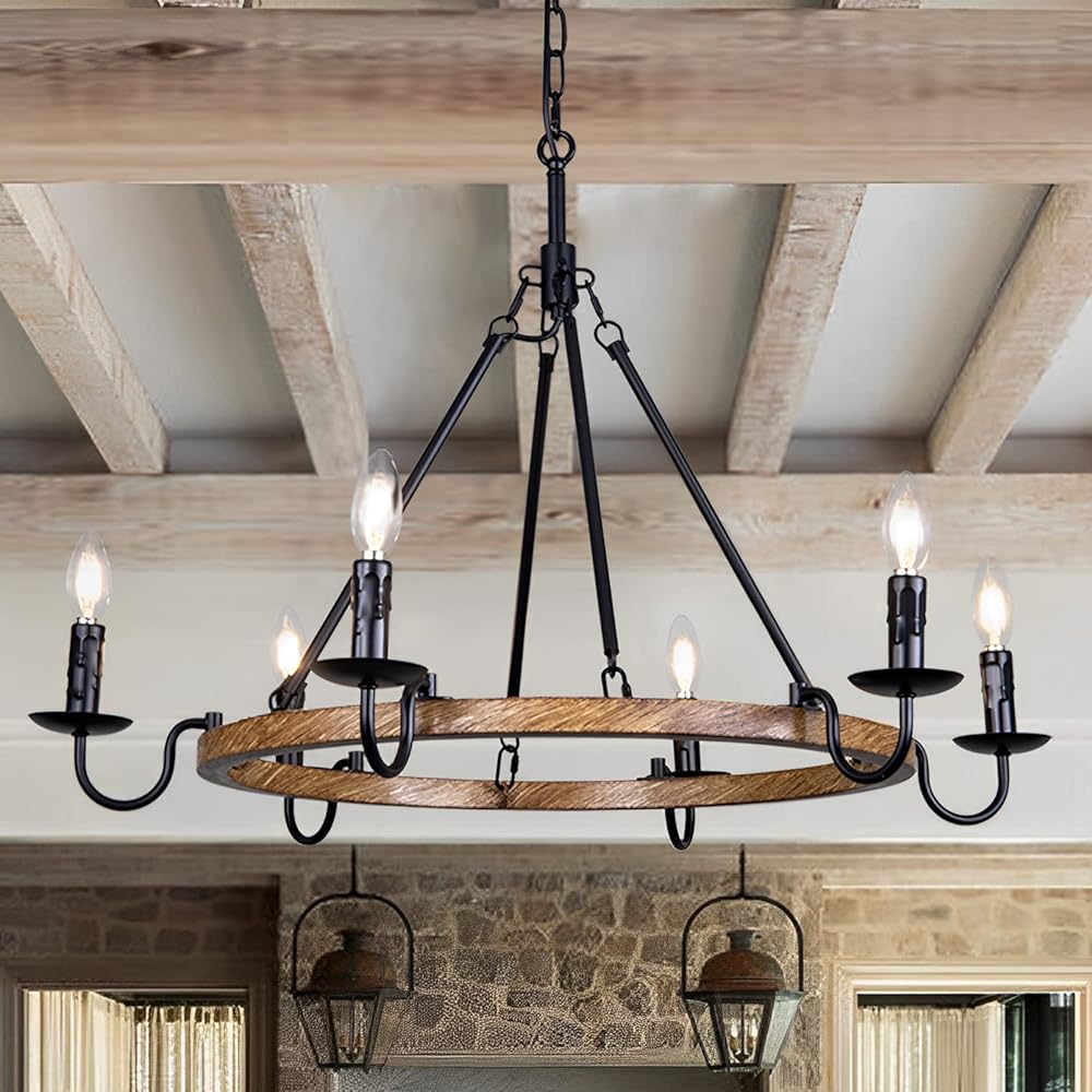 Rustic Wagon Wheel Chandelier, Farmhouse Wood Painted Black Wagon Wheel Chandelier, 6-Light Candle Wheel Pendant for Dining Room, Living Room, Bathroom, Bedroom, Entryway, Hallway, 30''W