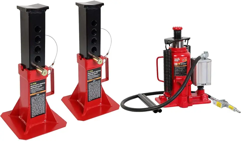 BIG RED ATZ120005R Torin Heavy Duty Pin Type Professional Car Jack Stand, Red, 1 Pair & TA92006 Torin Pneumatic Air Hydraulic Bottle Jack with Manual Hand Pump, 20 Ton (40,000 lb), Red