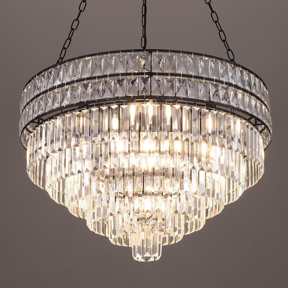 Wellmet 30in Black Modern Crystal Chandelier, 13 Lights Farmhouse Entryway Light Fixture, Large Round Pendant Light for Dining Room, Living Room, Kitchen, Foyer, Stairwell