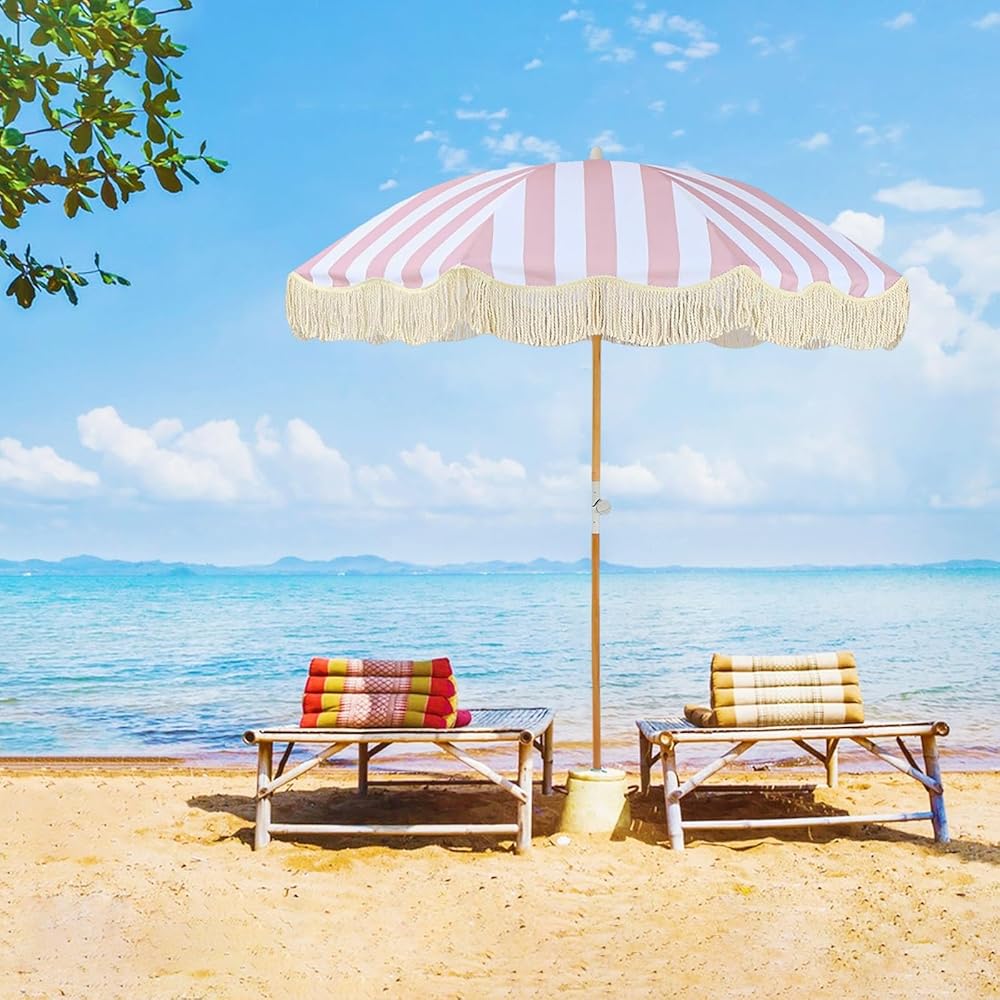Holiday Boho Beach Umbrella Fringe 6ft Portable Large Outdoor Umbrella Tilt Fringe Umbrella UV Protection Boho Patio Umbrella Waterproof Pink Striped Patio Table Umbrella 8 Ribs For Outside Garden Bac