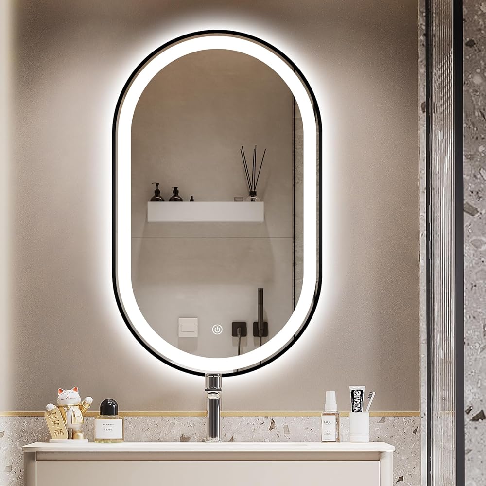 Oval LED Bathroom Vanity Mirror, 40x24inch Lighted Mirror with Black Frame, Smart Anti-Fog Shatterproof Waterproof Mirror with Memory Function Dimmable Light Mirror Horizontal Vertical