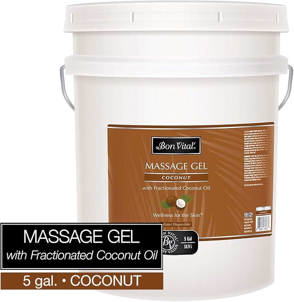 Bon Vital' Coconut Massage Gel with 100% Pure Fractionated Coconut Oil, Great for At-Home Use in Back Massages & Neck Massages, Moisturizes Skin Without Clogging Pores, 5 Gal, Label may Vary