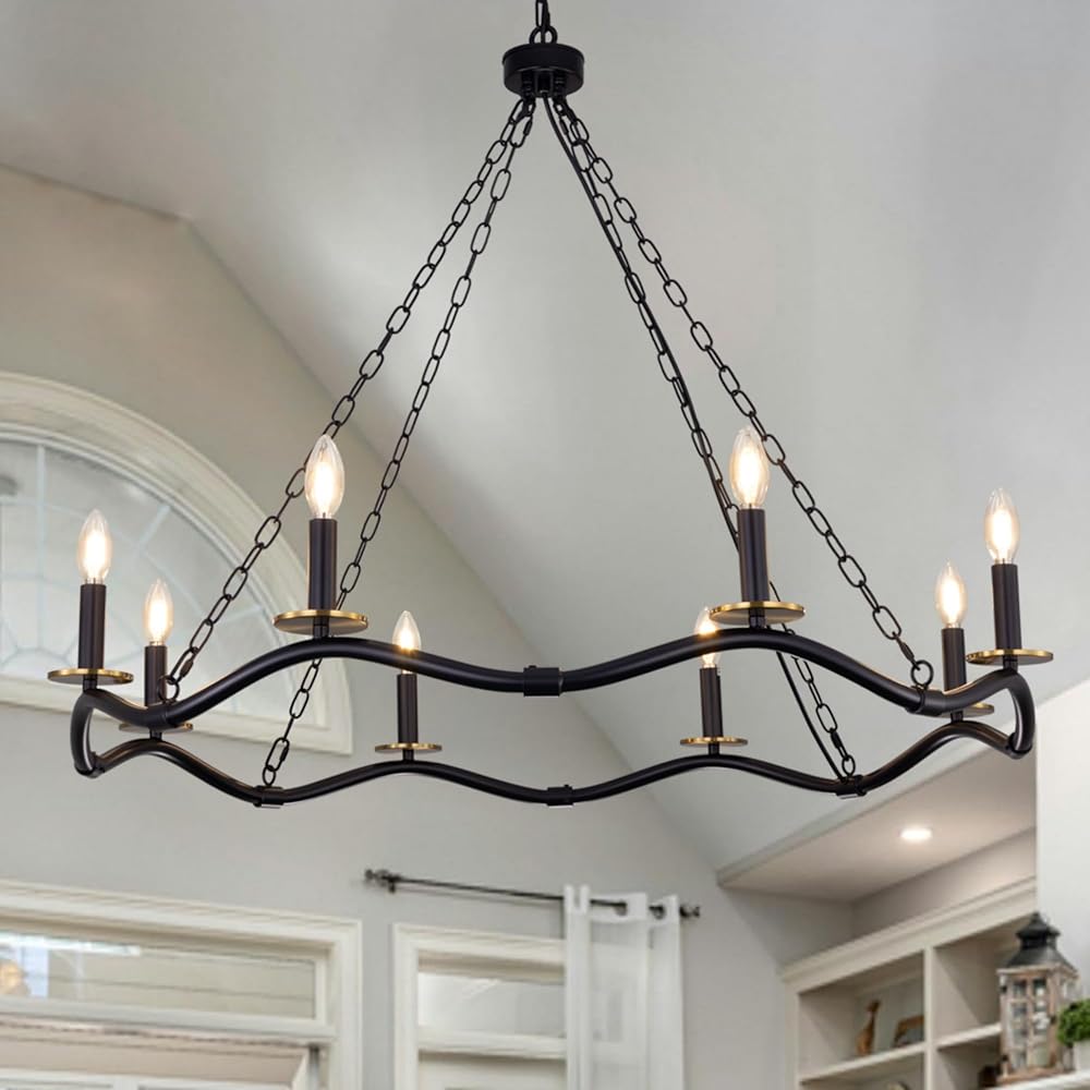 Farmhouse Chandelier Black and Gold Wagon Wheel Chandelier 40inch, Modern Wave Shape Round Chandelier Large Light Fixture for Living Room, Dining Room, Hallway, 8 Lights